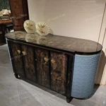 Statement Sideboard Cabinet with Dark Natural Wood Veneer Blue Embossed Side Panels and Gold-Tone Hardware